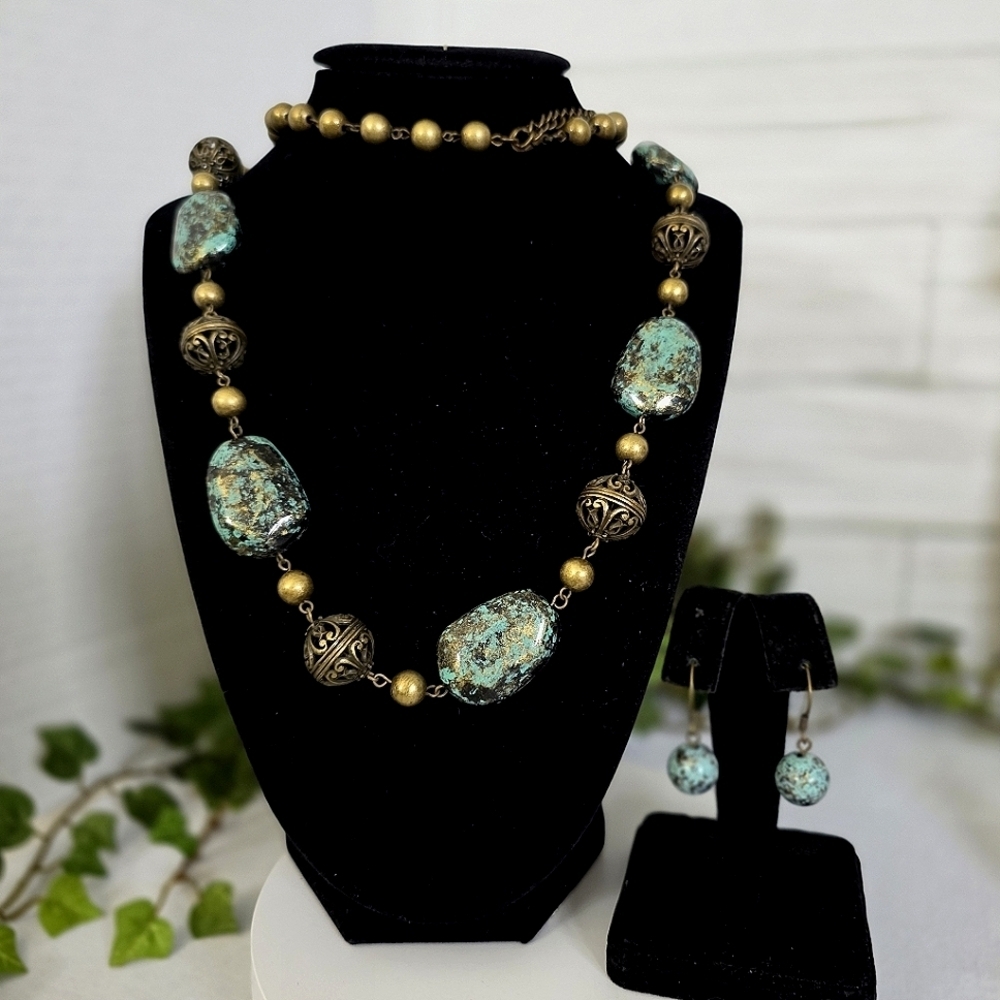 VCLM Nordstrom Gold with Faux Stone Long Necklace Earrings Set